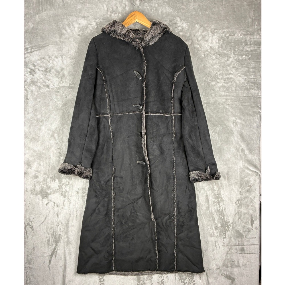Centigrade Womens Black Faux Suede Long Toggle‎ Coat Faux Fur Lined Hooded Small